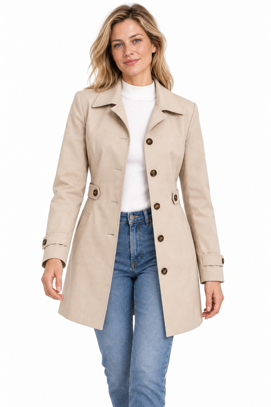 Manteau Trench Femme - Long Col Cranté Croisé Prince-de-Galles
