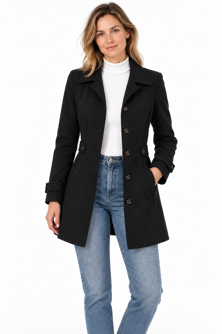 Manteau Trench Femme - Long Col Cranté Croisé Prince-de-Galles