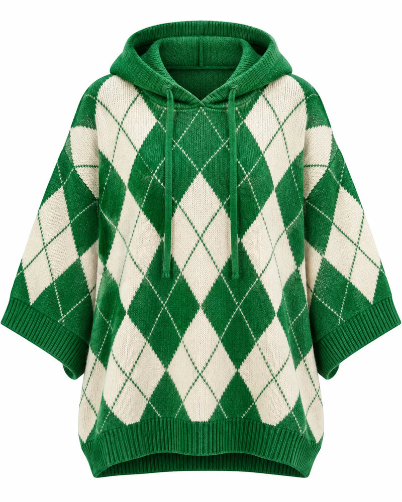 Pull Femme Jacquard Argyle Capuche Manches Chauve-Souris