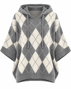 Pull Femme Jacquard Argyle Capuche Manches Chauve-Souris - Gris