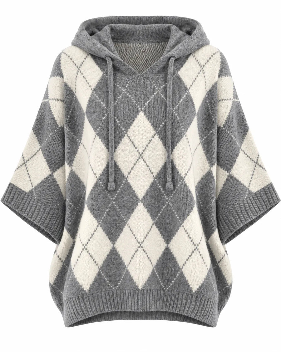 Pull Femme Jacquard Argyle Capuche Manches Chauve-Souris