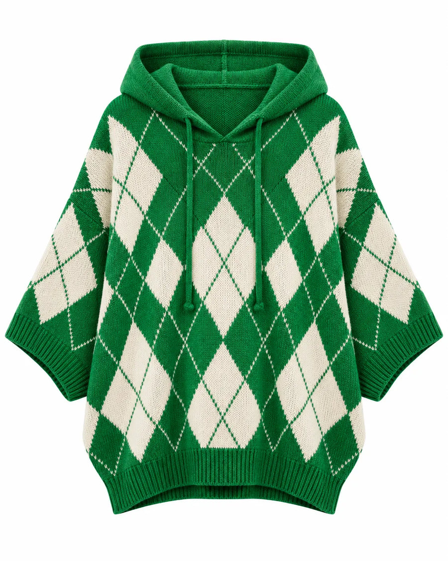 Pull Femme Jacquard Argyle Capuche Manches Chauve-Souris