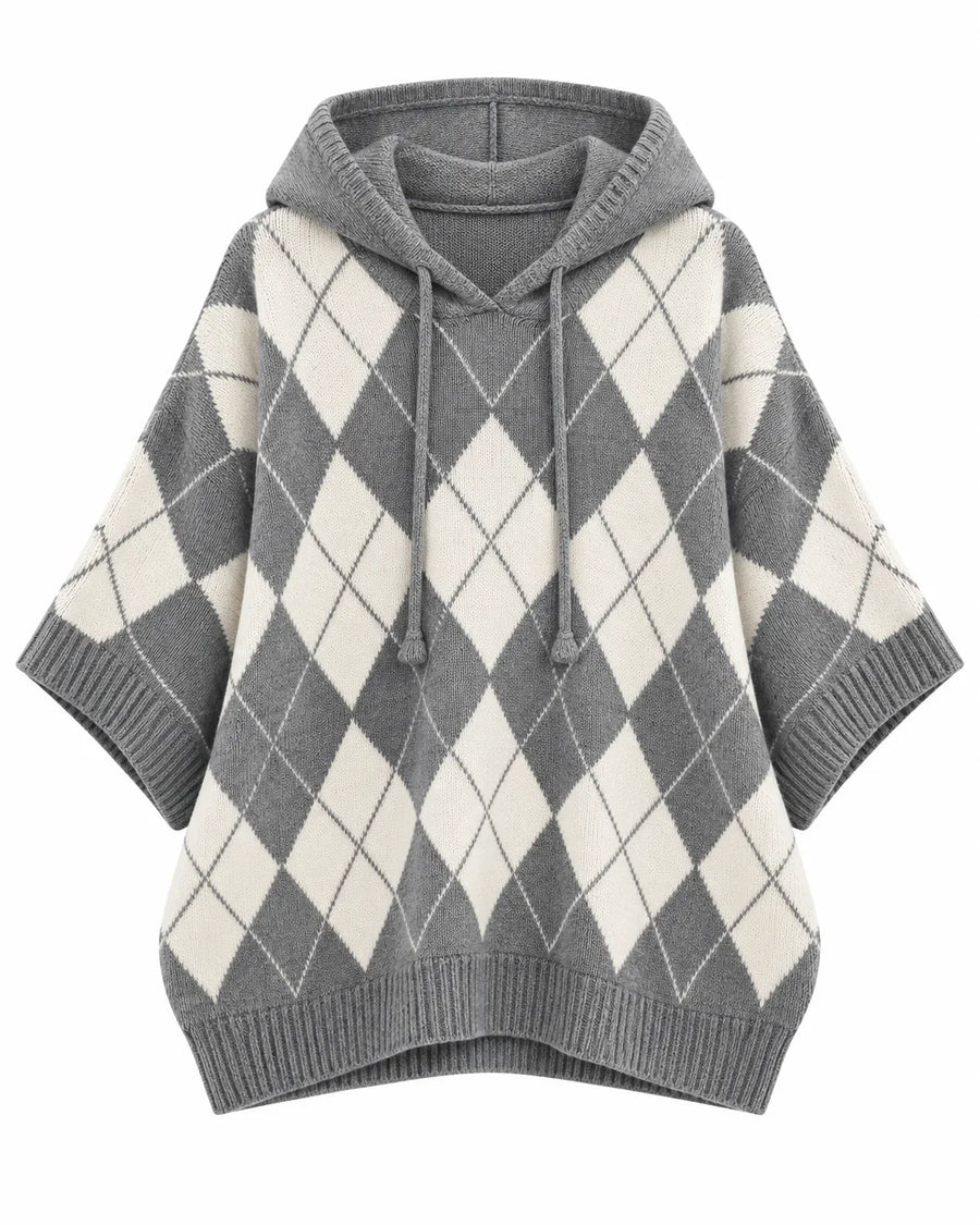Pull Femme Jacquard Argyle Capuche Manches Chauve-Souris
