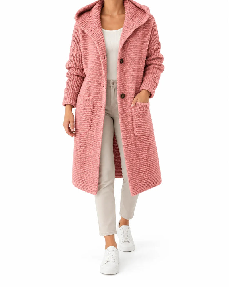 Cardigan Femme Maille Épaisse Longue Capuche