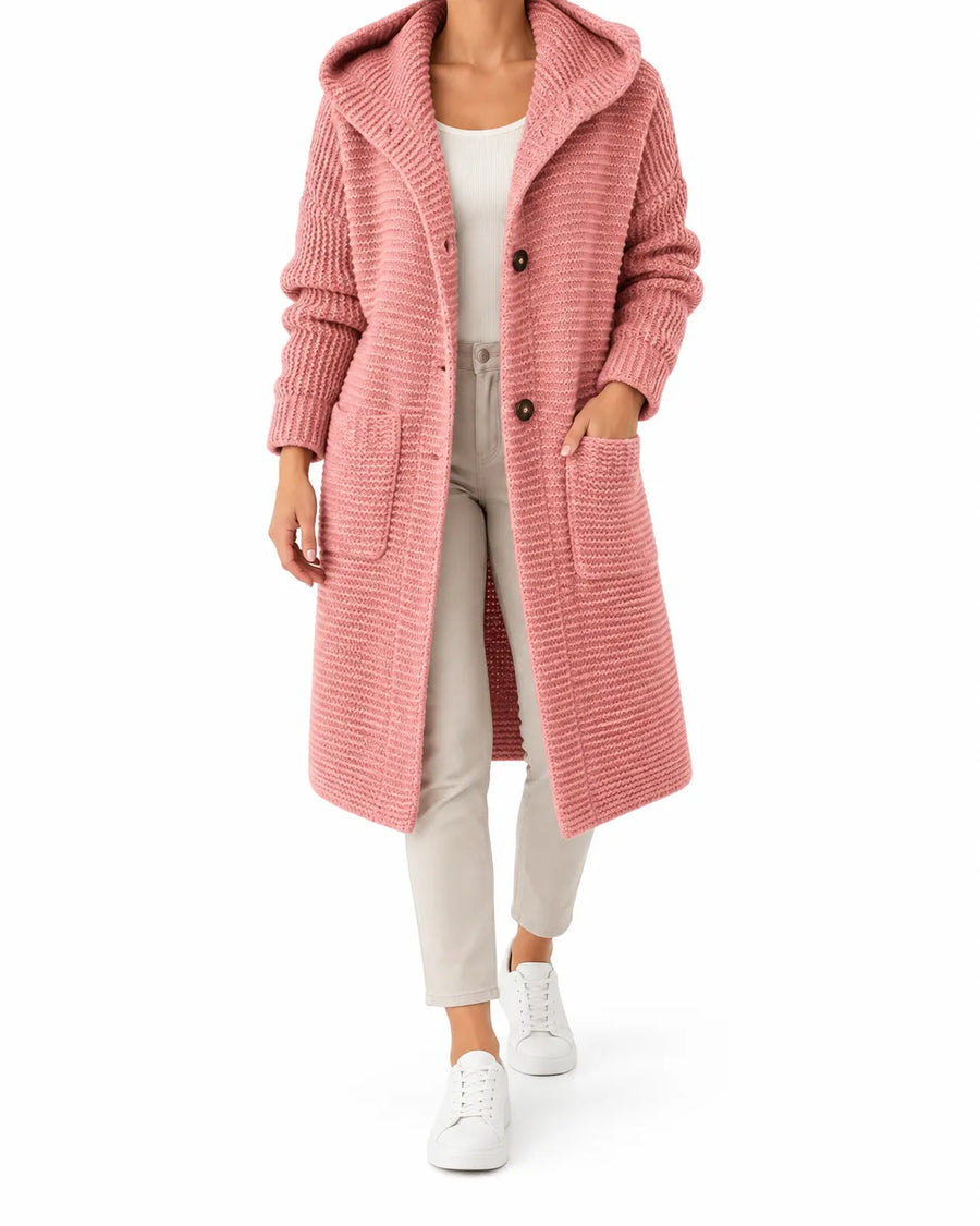 Cardigan Femme Maille Épaisse Longue Capuche