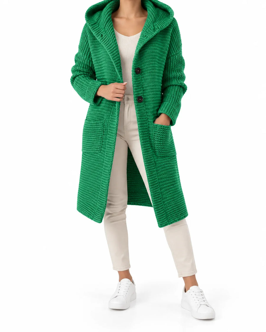 Cardigan Femme Maille Épaisse Longue Capuche