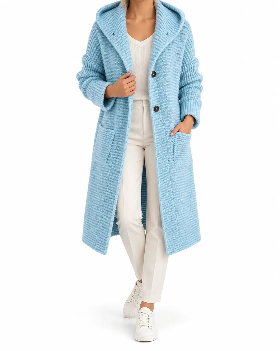 Cardigan Femme Maille Épaisse Longue Capuche