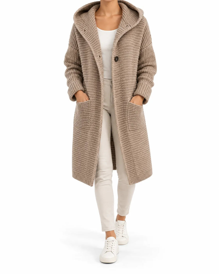 Cardigan Femme Maille Épaisse Longue Capuche