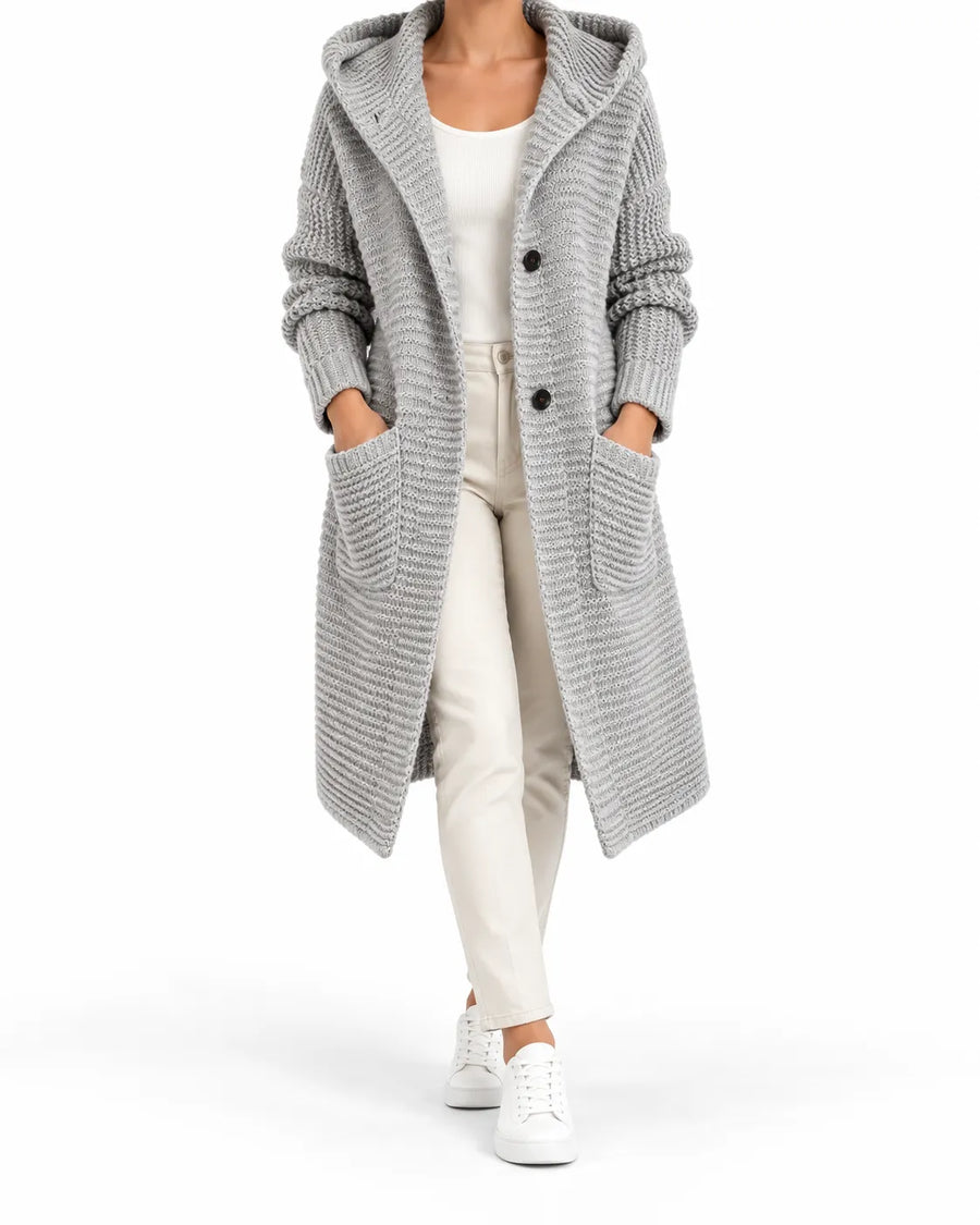 Cardigan Femme Maille Épaisse Longue Capuche