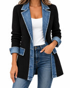 Cardigan Femme Côtelé Détail Denim Boutonné - Noir