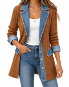 Cardigan Femme Côtelé Détail Denim Boutonné - Marron