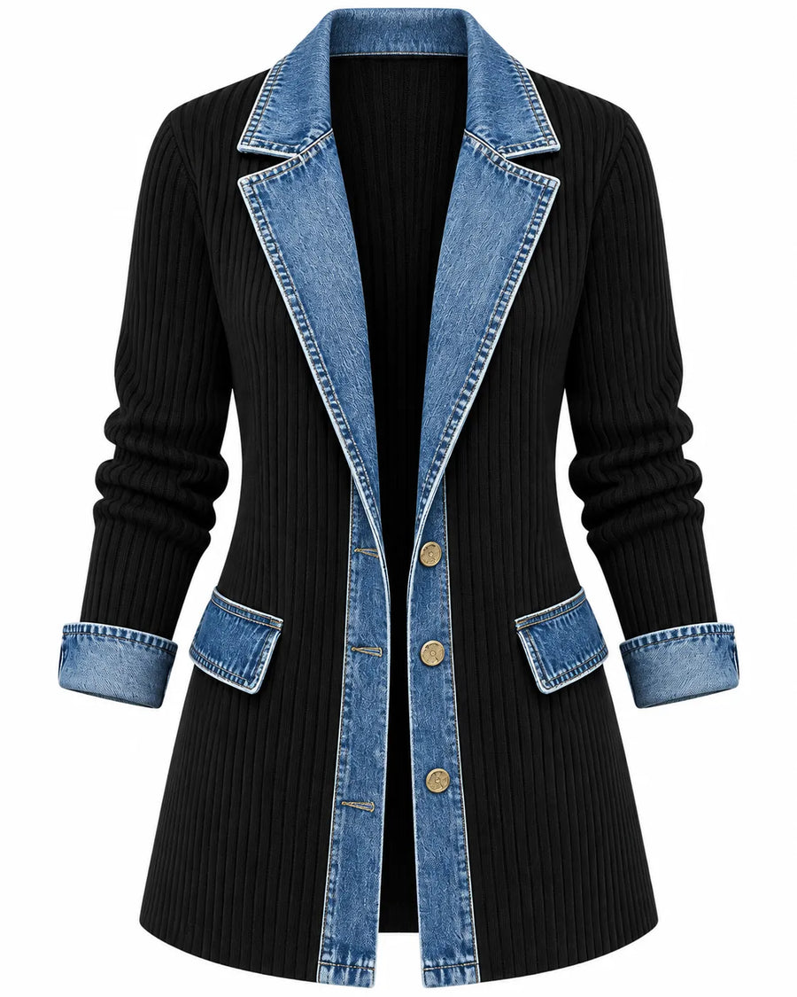 Cardigan Femme Côtelé Détail Denim Boutonné
