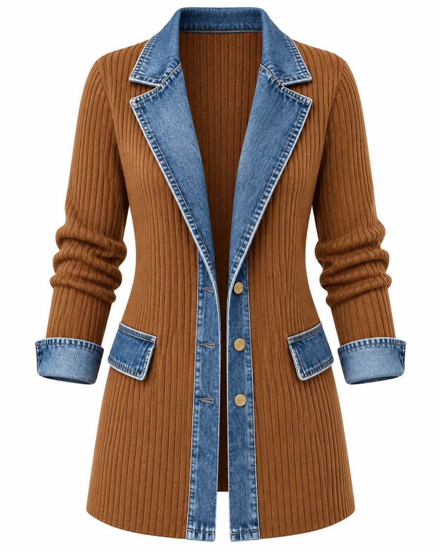 Cardigan Femme Côtelé Détail Denim Boutonné