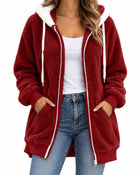 Sweat À Capuche Femme Peluche Teddy Zippé - Rouge