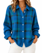 Cardigan Femme Polo Tartan Boutonné - Bleu