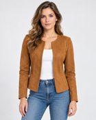 Veste Courte Daim Femme - Zippée Col Rond Ajustée - Marron Jaunâtre