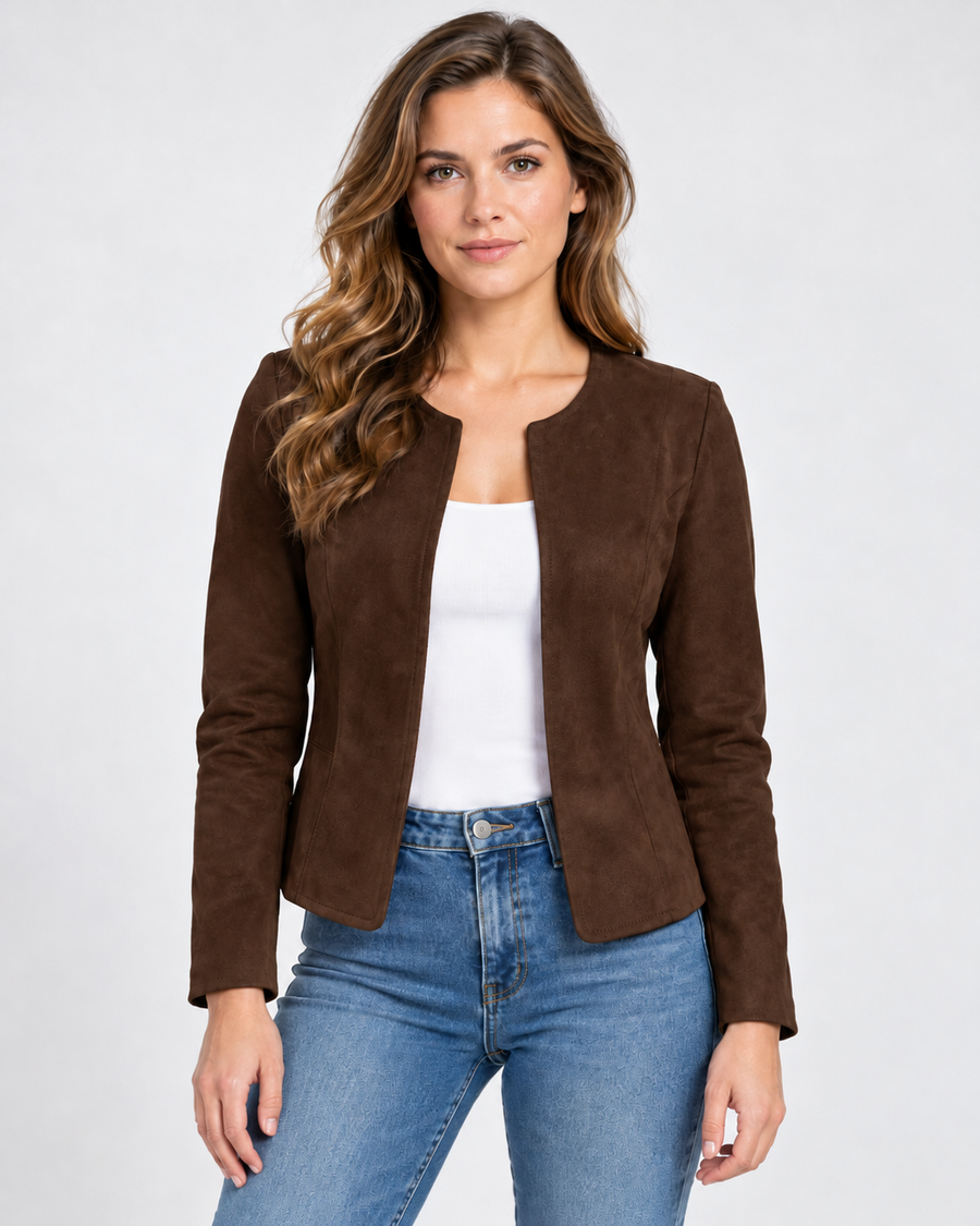 Veste Courte Daim Femme - Zippée Col Rond Ajustée