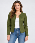 Veste Courte Daim Femme - Zippée Col Rond Ajustée - Vert Fougère