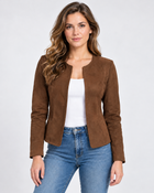 Veste Courte Daim Femme - Zippée Col Rond Ajustée - Marron Foncé