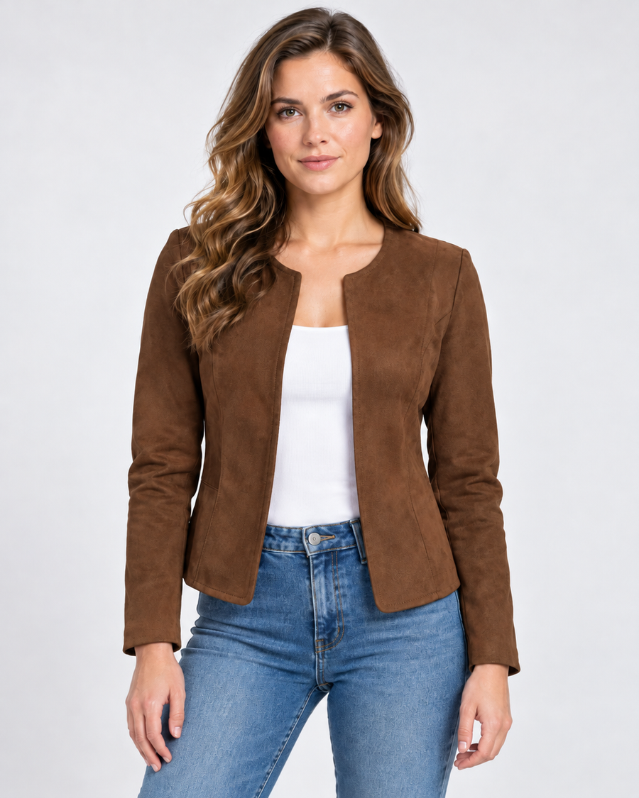 Veste Courte Daim Femme - Zippée Col Rond Ajustée