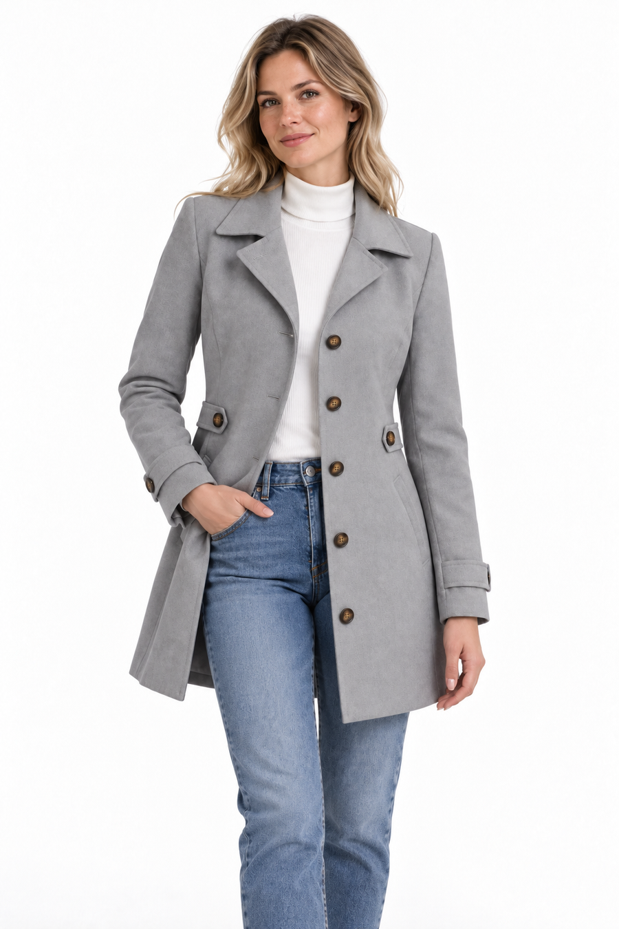 Manteau Trench Femme - Long Col Cranté Croisé Prince-de-Galles