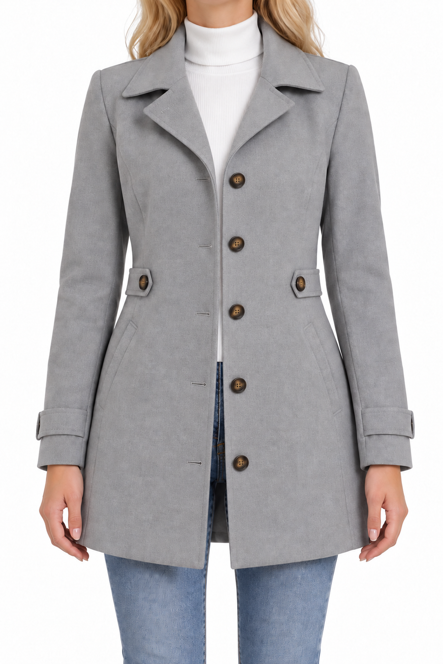 Manteau Trench Femme - Long Col Cranté Croisé Prince-de-Galles