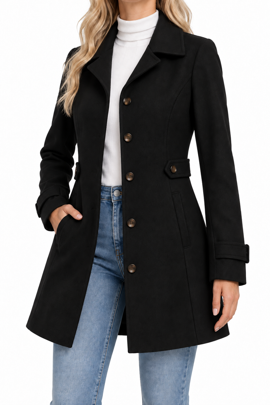 Manteau Trench Femme - Long Col Cranté Croisé Prince-de-Galles