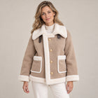 Veste Aviateur Femme - Aspect Daim Col Oversize Boutons Dorés - Beige