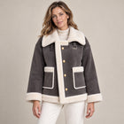 Veste Aviateur Femme - Aspect Daim Col Oversize Boutons Dorés - gris