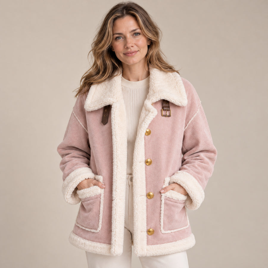 Veste Aviateur Femme - Aspect Daim Col Oversize Boutons Dorés - Rose - photo portée sur fond beige
