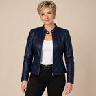 Blouson Biker Femme - Simili Cuir Zip Intégral Col Montant - Bleu