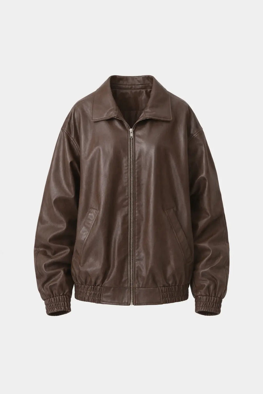 Blouson Femme Simili Cuir Oversize Zippé Marron