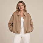 Blouson Bomber Femme - Effet Daim Col Rabattu Poignets Côtelés - Kaki