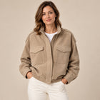Blouson Bomber Femme - Aspect Daim Poches Avant Bords Côtes - Kaki