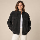 Blouson Bomber Femme - Aspect Daim Poches Avant Bords Côtes - Noir