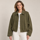 Blouson Bomber Femme - Effet Daim Col Rabattu Poignets Côtelés - Vert