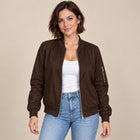 Blouson Bomber Femme - Col Baseball Côtelé Zippé - Marron