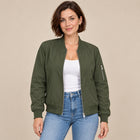 Blouson Bomber Femme - Col Baseball Côtelé Zippé - Vert Olive
