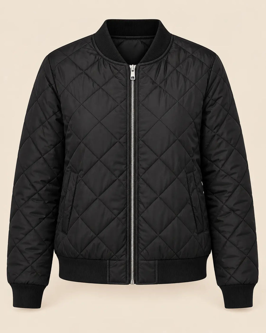 Bomber Matelassé Femme - Coupe Courte Motif Losanges Noir