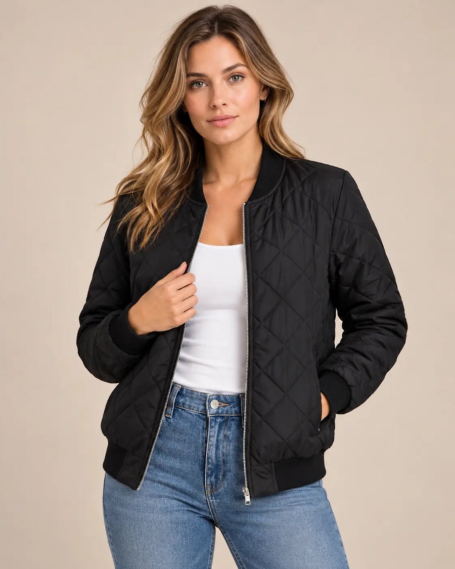Bomber Matelassé Femme - Coupe Courte Motif Losanges Noir porté