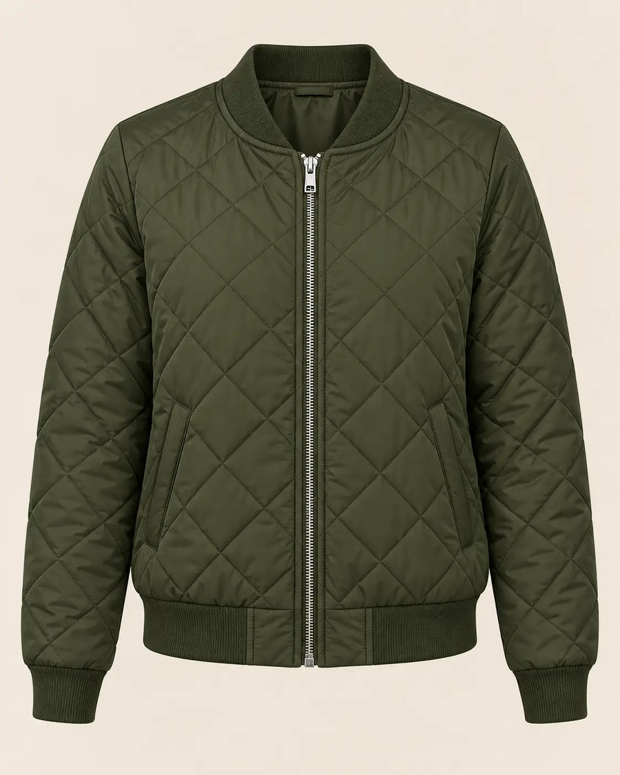 Bomber Matelassé Femme - Coupe Courte Motif Losanges Vert