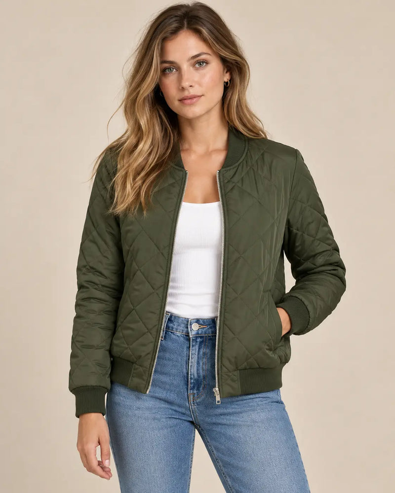 Bomber Matelassé Femme - Coupe Courte Motif Losanges Vert porté