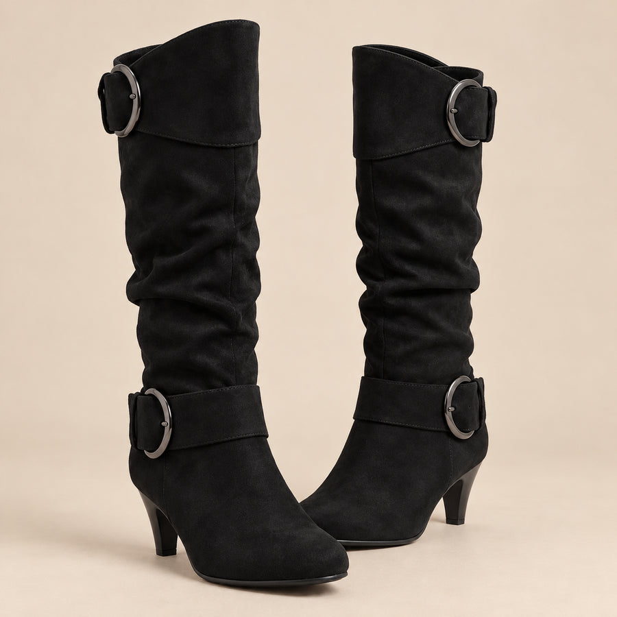 Bottes Slouchy Femme - Suédine à Boucles Anneau Talon Cône - Noir - bottes seules sur fond beige