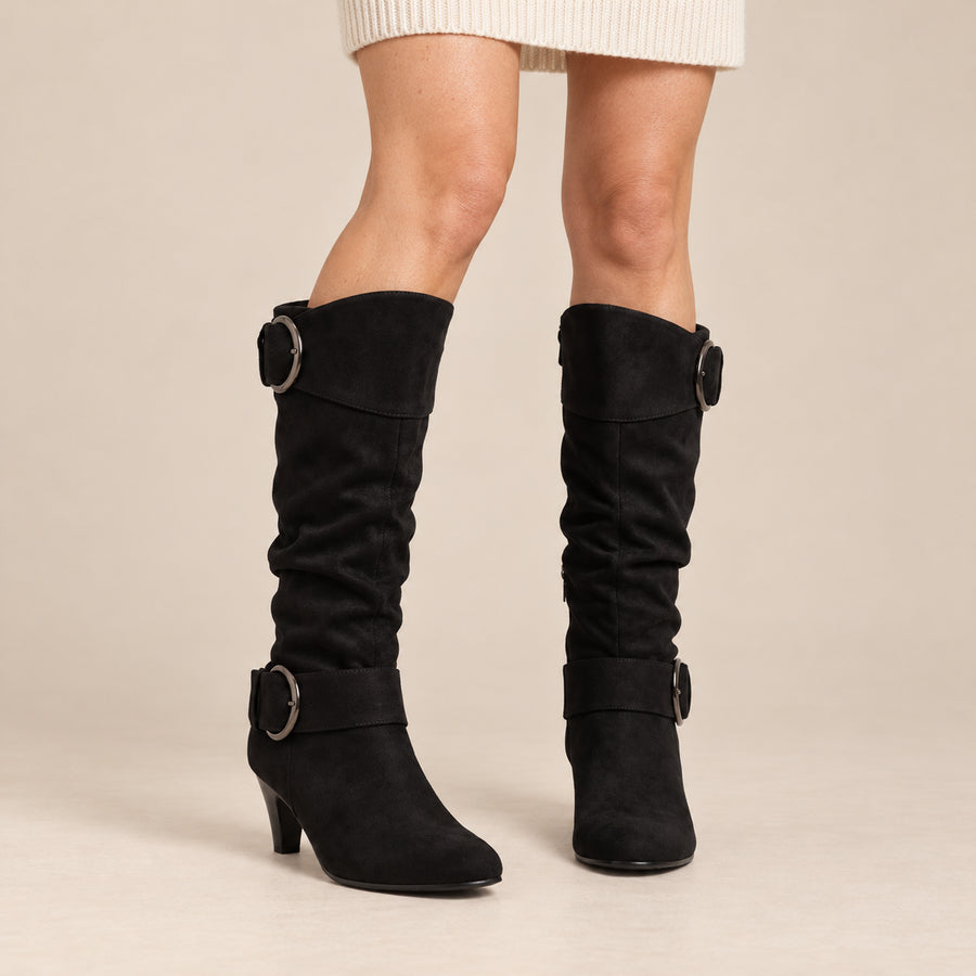 Bottes Slouchy Femme - Suédine à Boucles Anneau Talon Cône - Noir - vue portée