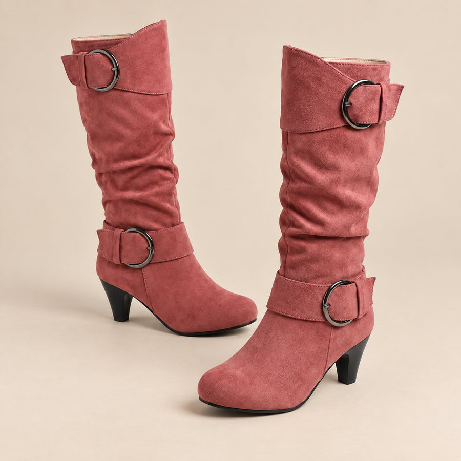 Bottes Slouchy Femme - Suédine à Boucles Anneau Talon Cône - Vieux Rose - bottes seules sur fond beige