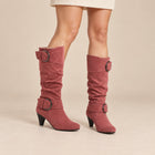 Bottes Slouchy Femme - Suédine à Boucles Anneau Talon Cône - Vieux Rose