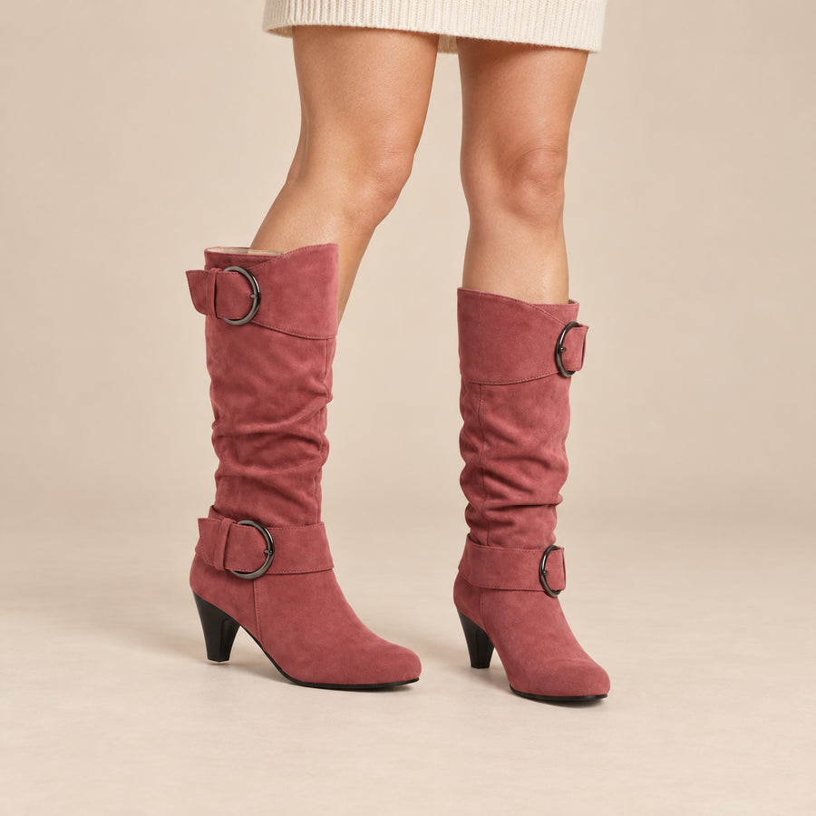 Bottes Slouchy Femme - Suédine à Boucles Anneau Talon Cône - Vieux Rose - vue portée