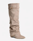 Bottes Hautes Femme - Slouchy en Suédine Talon Compensé - Beige