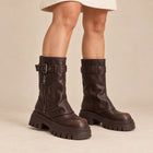 Bottes Biker Femme - Guêtre Superposée Semelle Crantée - Brun