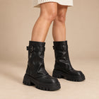 Bottes Biker Femme - Guêtre Superposée Semelle Crantée - Noir